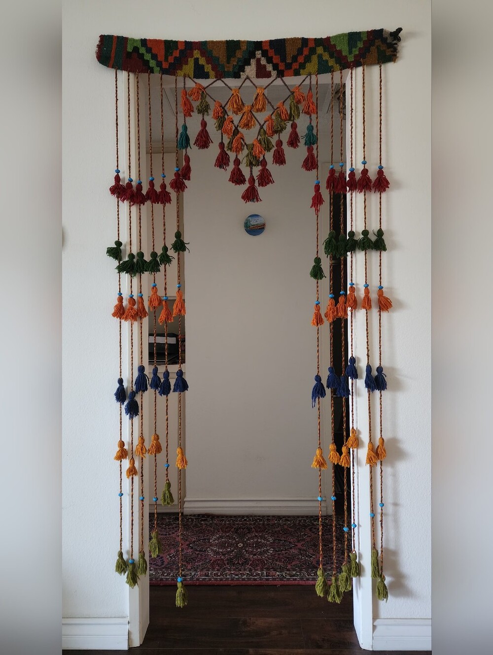 Vintage Persian Qashqai Tribal Tassel Door Hanging – 100% Wool Handwoven Kilim